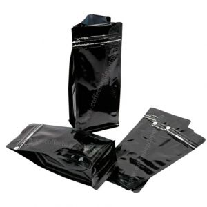 Shiny Black Flat Bottom Pouches Tear Off Zipper